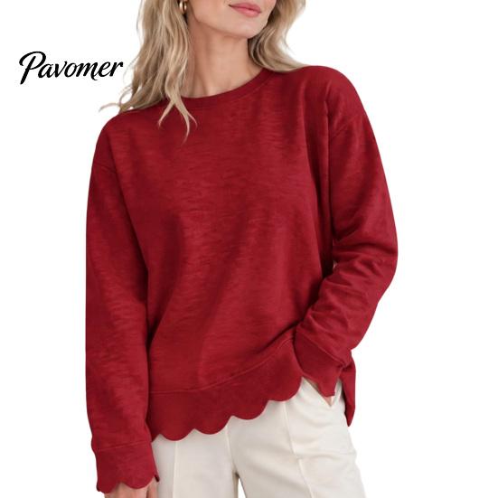 Daily Wear Sweatshirt Women Crewneck with Scalloped Hem, Solid Color Long Sleeve Autumn Top Hem Pullover Top, Drop Shoulder Casual Blouse for