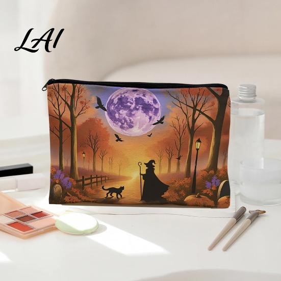 Smooth Zipper Bag Storage Bag with Zipper Thickened Polyester Large Capacity Colorful Printed Cosmetic Halloween Witch Pumpkin Pattern Pouch Durable