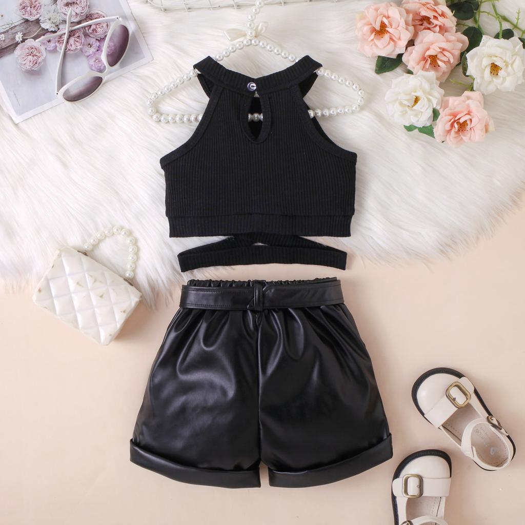 Модный комплект для девочек, летний детский повседневный топ без рукавов с халтернеком, кожаный пояс, комплект из трех предметов