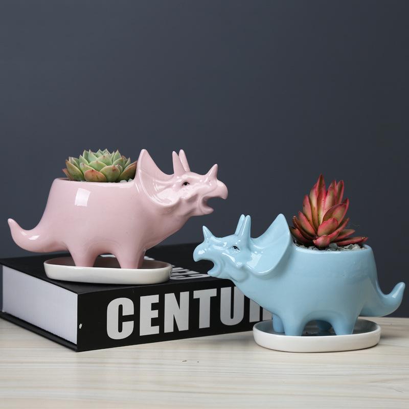 Creative Triangle Dinosaur Succulent Flower Pot Indoor Desktop White Ceramic Flower Pot With Tray