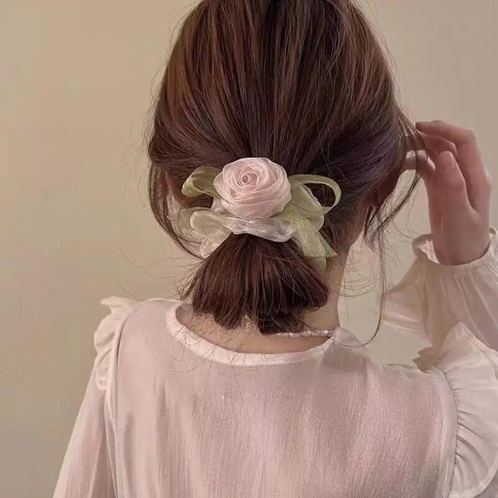 High Elasticity Mesh Yarn Hair Rope Yarn Hair Accessories Trendy Rose Flower Hair Ring