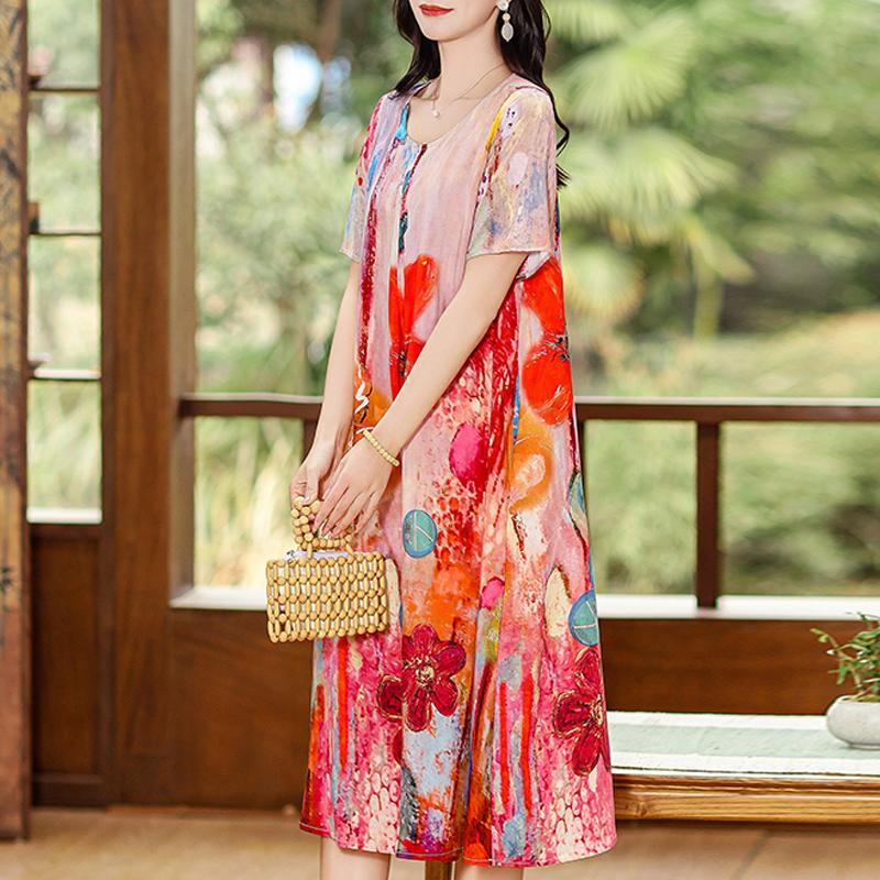 Летние элегантные длинные платья для женщин, большие размеры, свободное женское платье с коротким рукавом и винтажным принтом