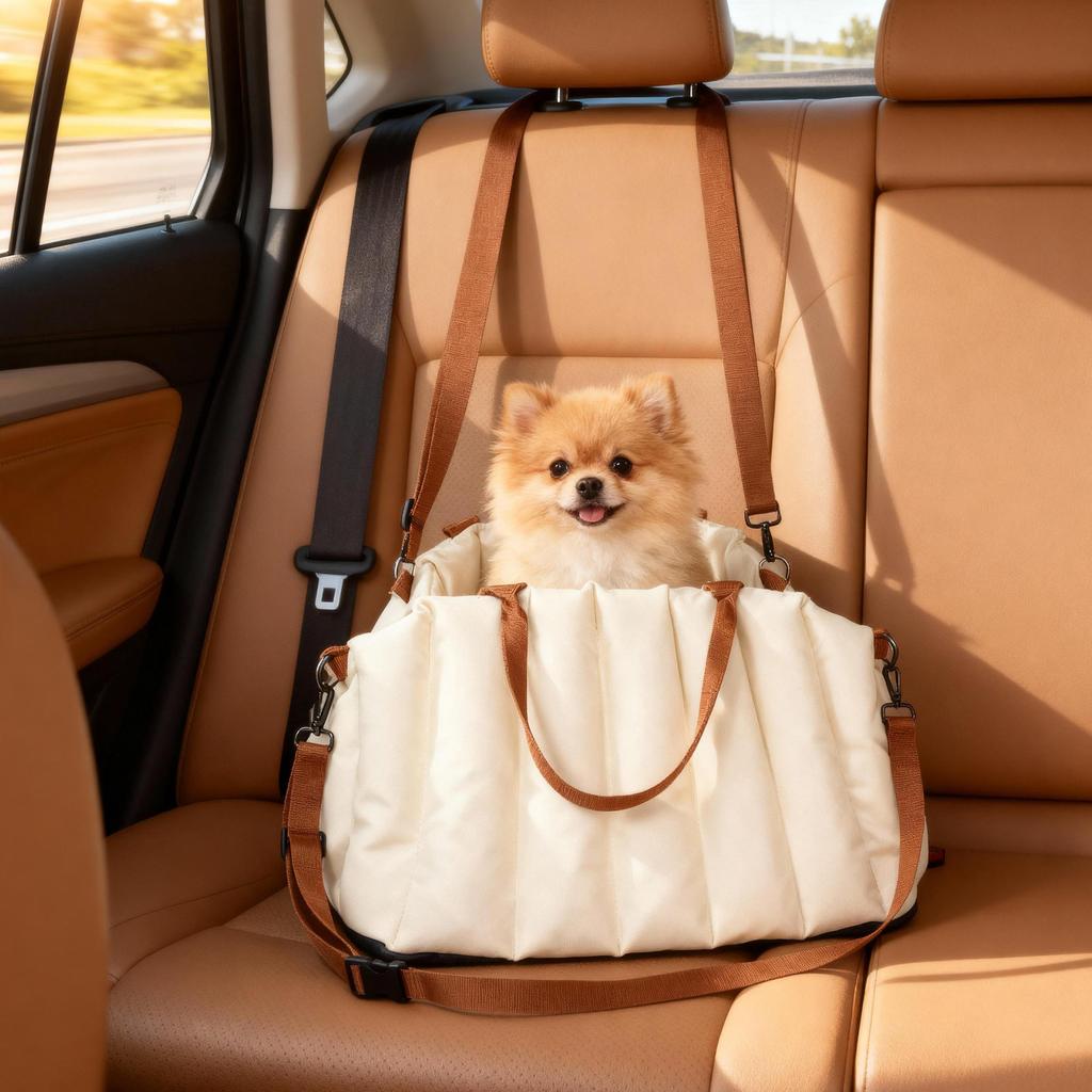 Small Dog Car Seat with Leash and Non-Slip Base, Convertible to Pet Bag, Cream