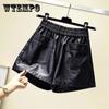Черные кожаные короткие брюки с высокой талией, женские тонкие эластичные поясные карманы с декором, шорты из искусственной кожи