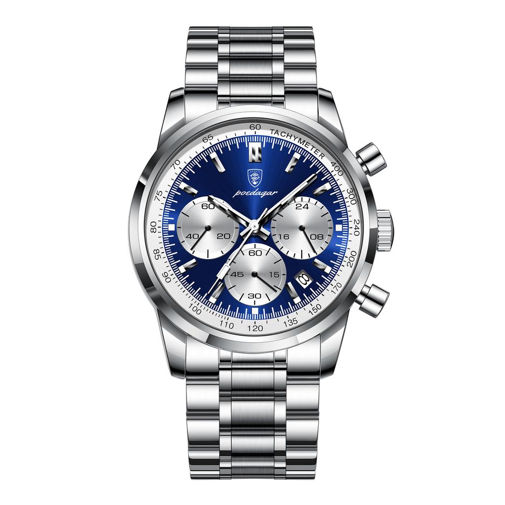 Роскошные новые мужские часы с ремешком из нержавеющей стали, многофункциональные кварцевые наручные часы с хронографом