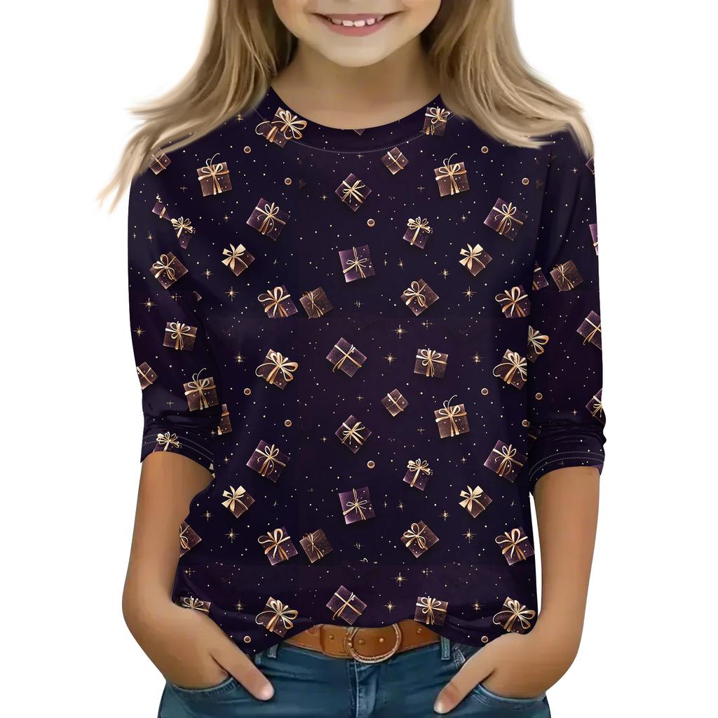 Christmas Day Print Tops For Youth Girls 4-11 Years Round Neck 3/4 Sleeves T-Shirts Trendy Tops Outfit Tees