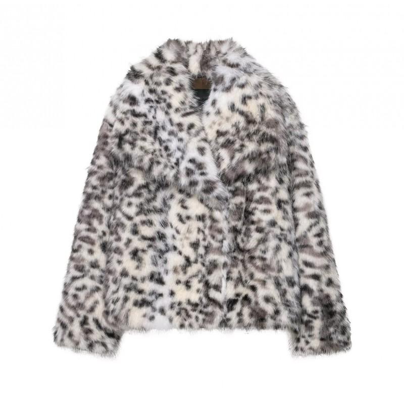 ZA Womens Animal Print Faux Fur Jacket Fall 2025 Regular Fit Office Style Long Sleeve Turn Down Collar Snap Thick