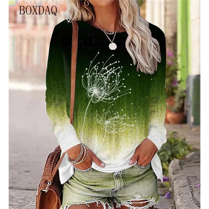 Футболки женские с рисунком одуванчика весна осень с длинным рукавом 3D Plant&Flowers Print Street Gradient женские футболки 6XL Plus Size