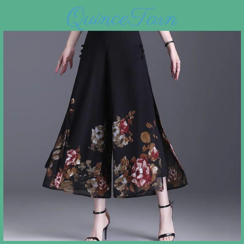 Широкие женские брюки-юбка из шифона, летние, в китайском стиле, с цветочным принтом, свободные, с высокой талией, ретро