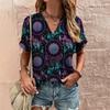 Retro Print Women's T Shirt Classic Floral Tees For Ladies Summer V-Neck Short Sleeve Tops Female Oversized Clothes Daily Blouse