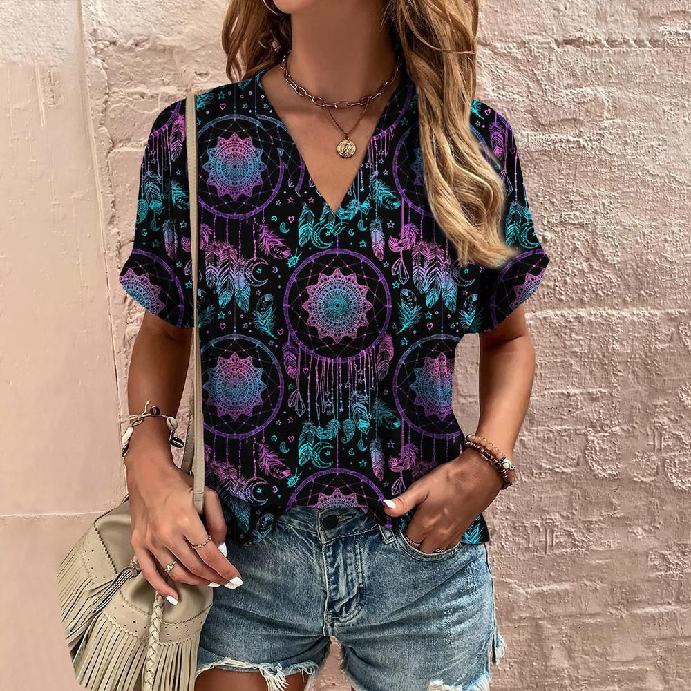 Retro Print Women's T Shirt Classic Floral Tees For Ladies Summer V-Neck Short Sleeve Tops Female Oversized Clothes Daily Blouse