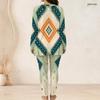 Women Plus Size Printed Two Piece Set Round Neck Long Sleeve Longline Top Fitted Long Pants