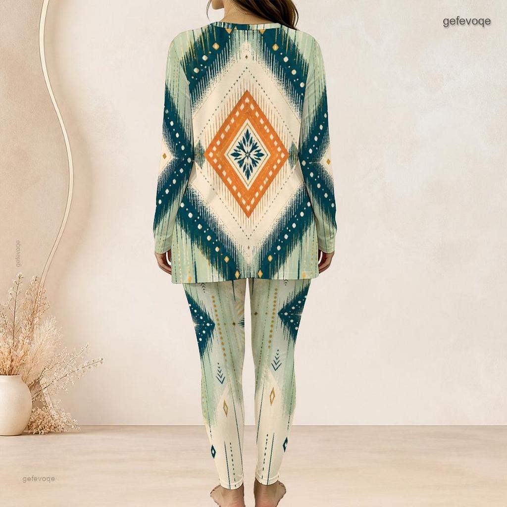 Women Plus Size Printed Two Piece Set Round Neck Long Sleeve Longline Top Fitted Long Pants