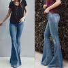 Women Flare Mid Waisted Denim Jeans Pocket Stretch Slim Tassel Pants Jeans