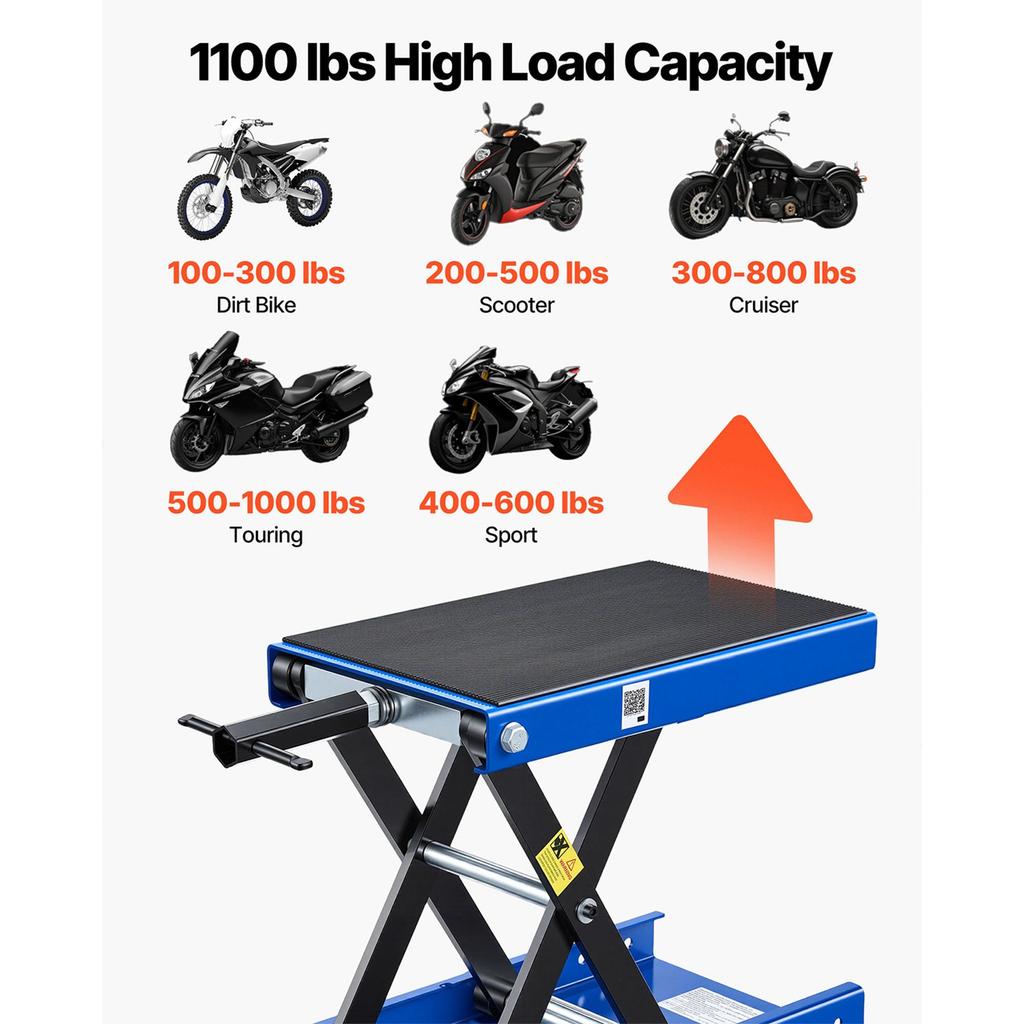 VEVOR Motorcycle Lift, 499 kg Motorcycle Scissor Lift Jack with Wide Deck & Locking Pin, 95-340 mm Center Hoist Crank Stand