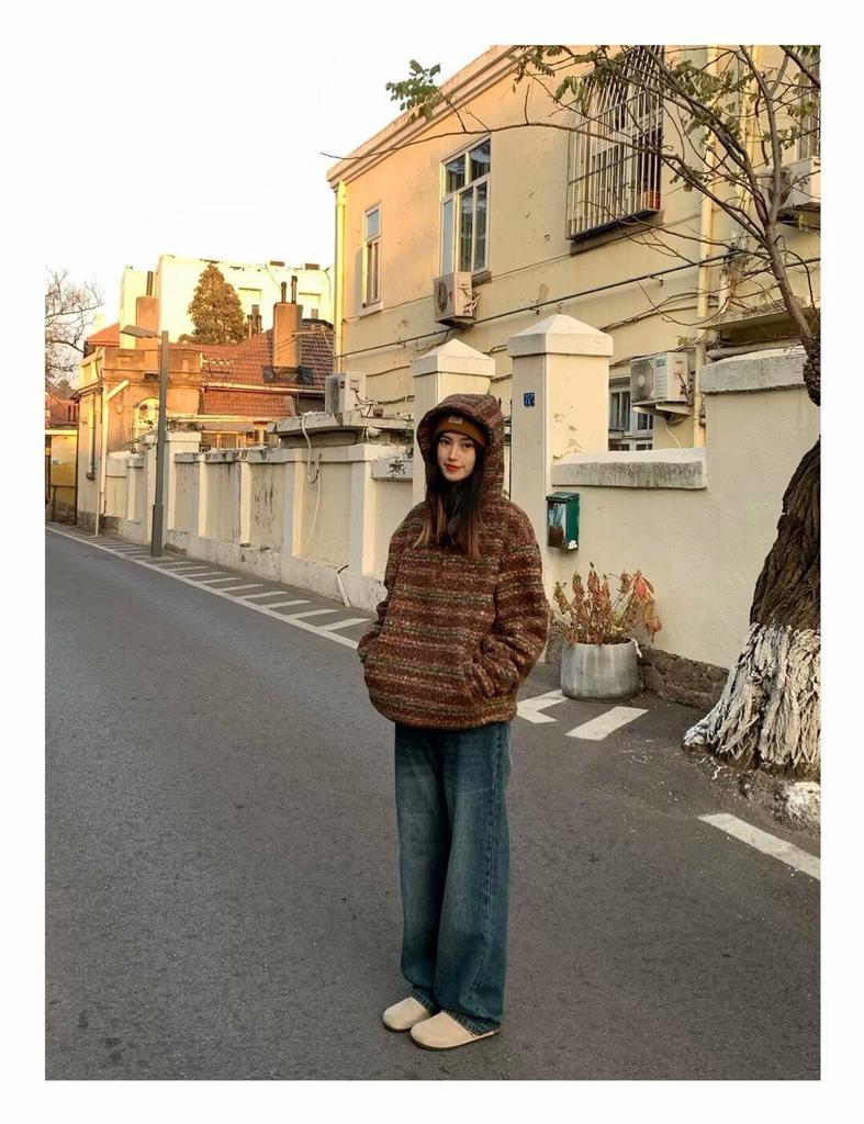 Men's Oversized Japanese Retro Striped Woolen Half-Zip Hoodie Sweater for Autumn/Winter