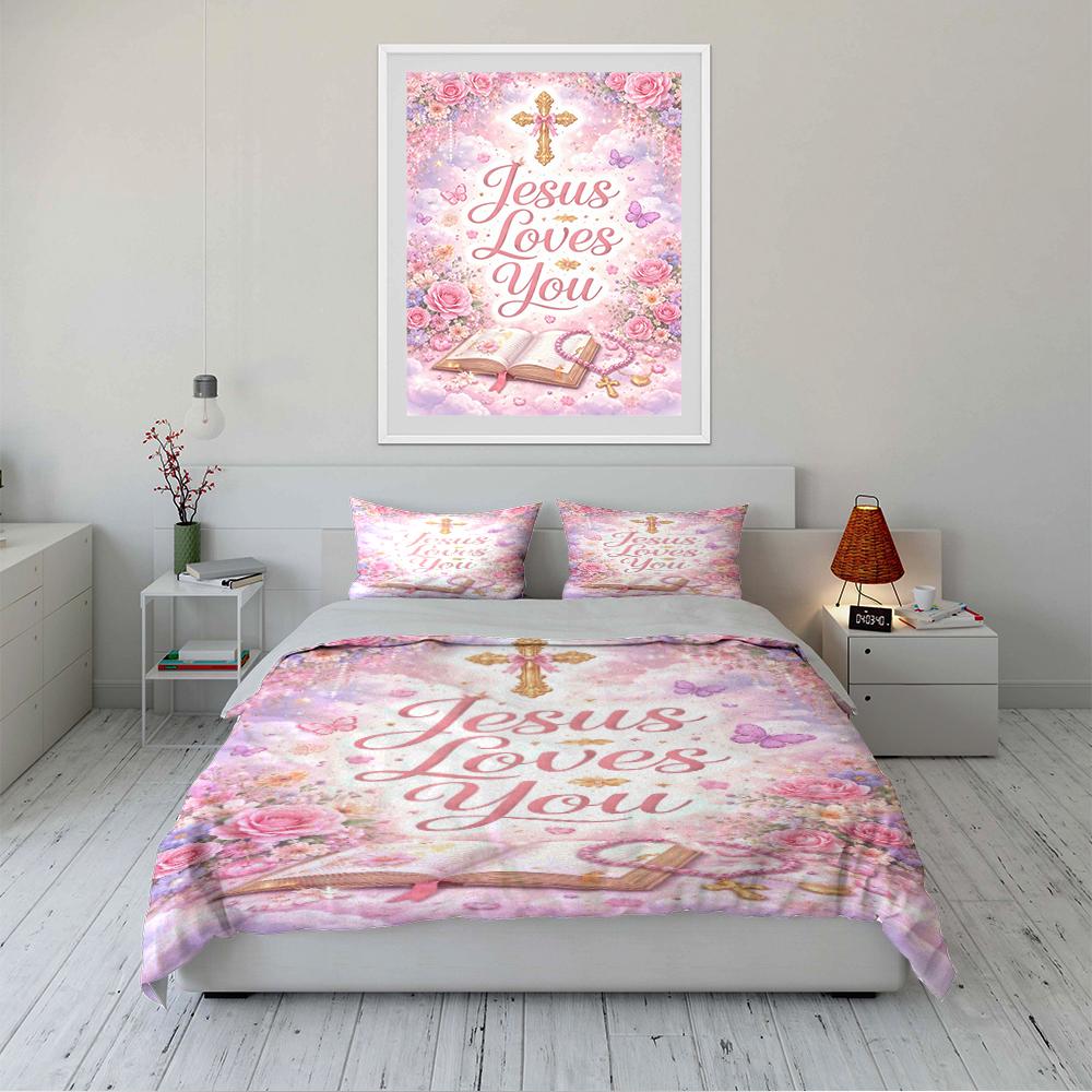 Jesus Loves You Bedding Set Pink Floral Bedding set (1 duvet cover, 2 pillowcases, duvet not included)