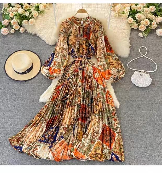 Женские платья макси в стиле «американский шик» с принтом, круглым вырезом и рукавами-фонариками, женские платья Vestidos De Mujer, платье-трапеция со шнуровкой