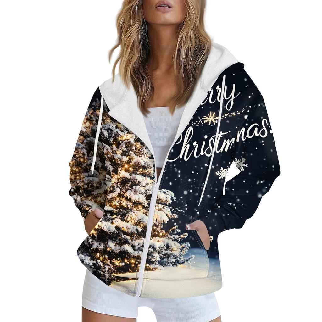 Женская рождественская печатная толстовка осень-зима с длинным рукавом кардиган куртка с карманами на молнии толстовка с капюшоном верхняя одежда