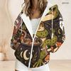 Women Plus Size Zip Up Hoodie Halloween Skeleton Pumpkin Cowboy Print Long Sleeve Casual Hooded Sweatshirt