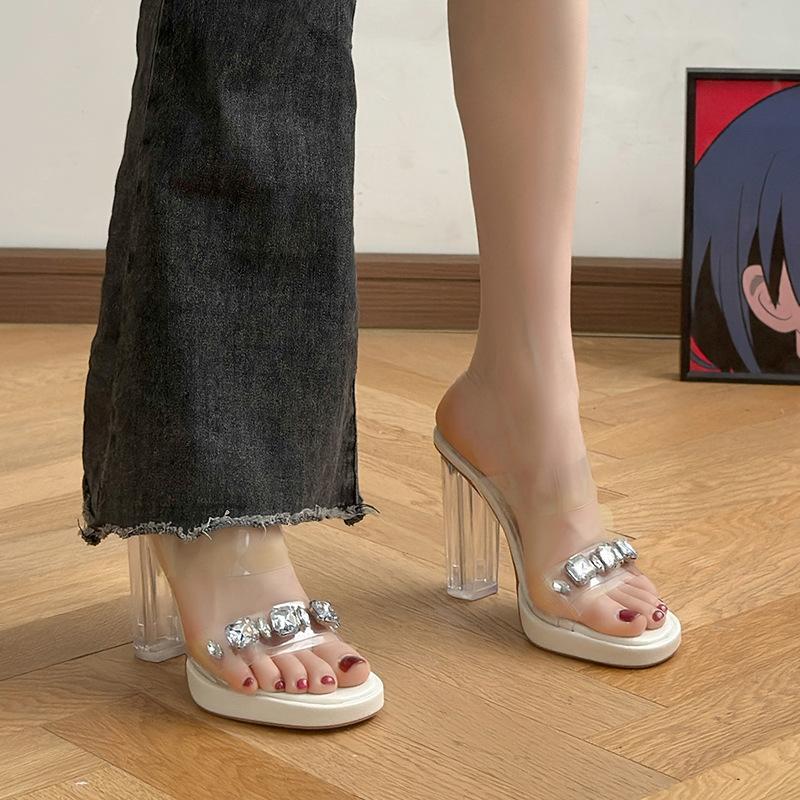 High Heels Women's Outer Wear 2025 Summer New French Thick Heel Rhinestone Transparent Crystal Sandals Women's Slippers Women's Shoes