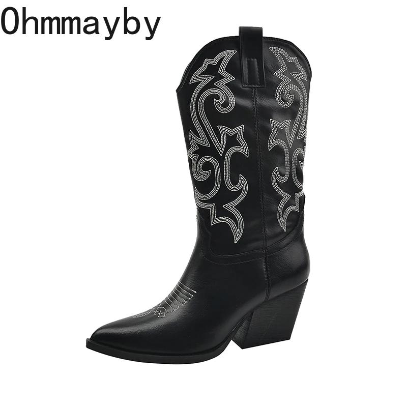 Мода вышивка женские ковбойские сапоги модные элегантные остроносые туфли без застежек квадратный каблук женские полусапожки до середины голени