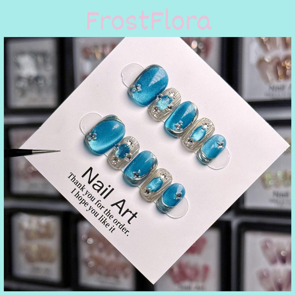 Blue Island Handmade Adhesive Cat Eye Short Nail Sticker Wearable Nail Art