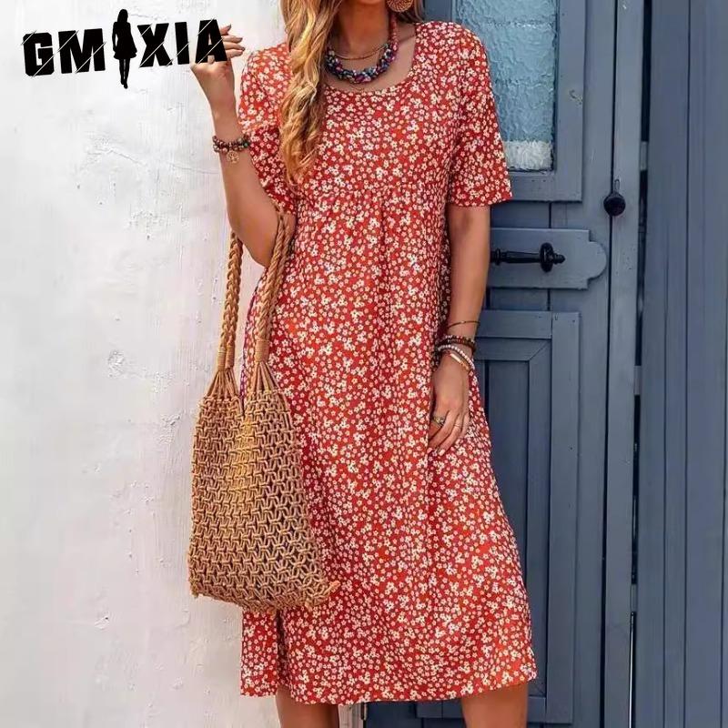 GMXIA Women's Fashion Summer Spring Solid Color Print Short Sleeve O-Neck High Waist Casual Dresses
