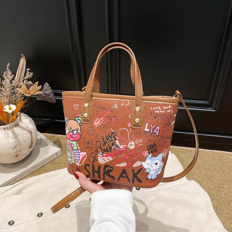 Cartoon Graffiti Pu Tote Bag For Women Large Capacity Water Bucket Style With Zip Closure
