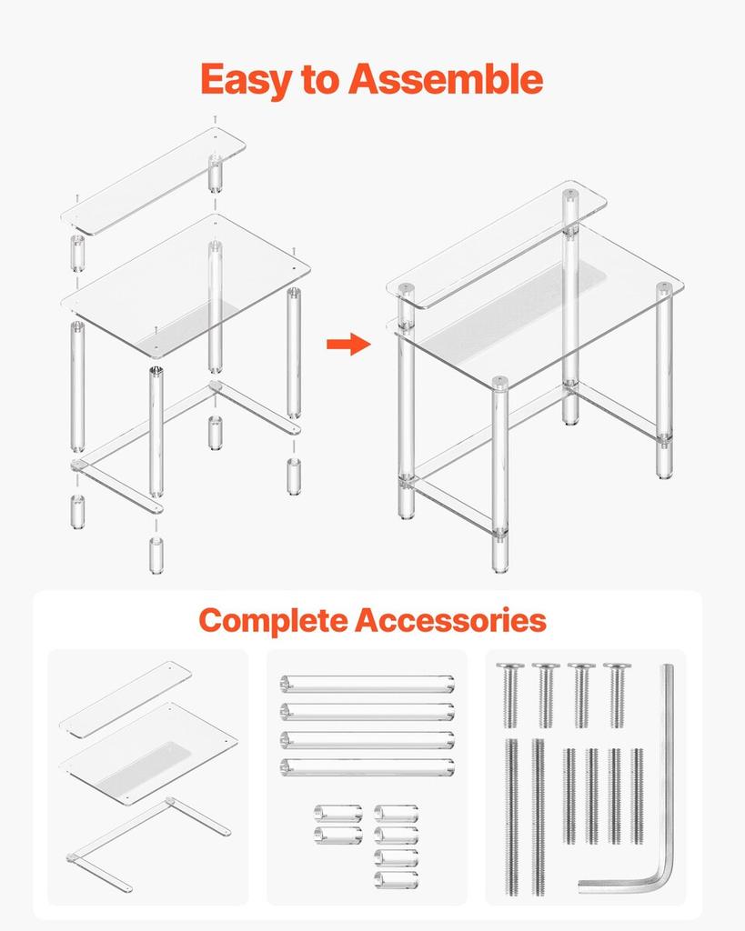 Acrylic Table, 2 Tiers Clear Office Desk with Monitor Stand, Acrylic Study Computer Desk, Modern Side End Table Nightstand for Bedroom, Office, Study,