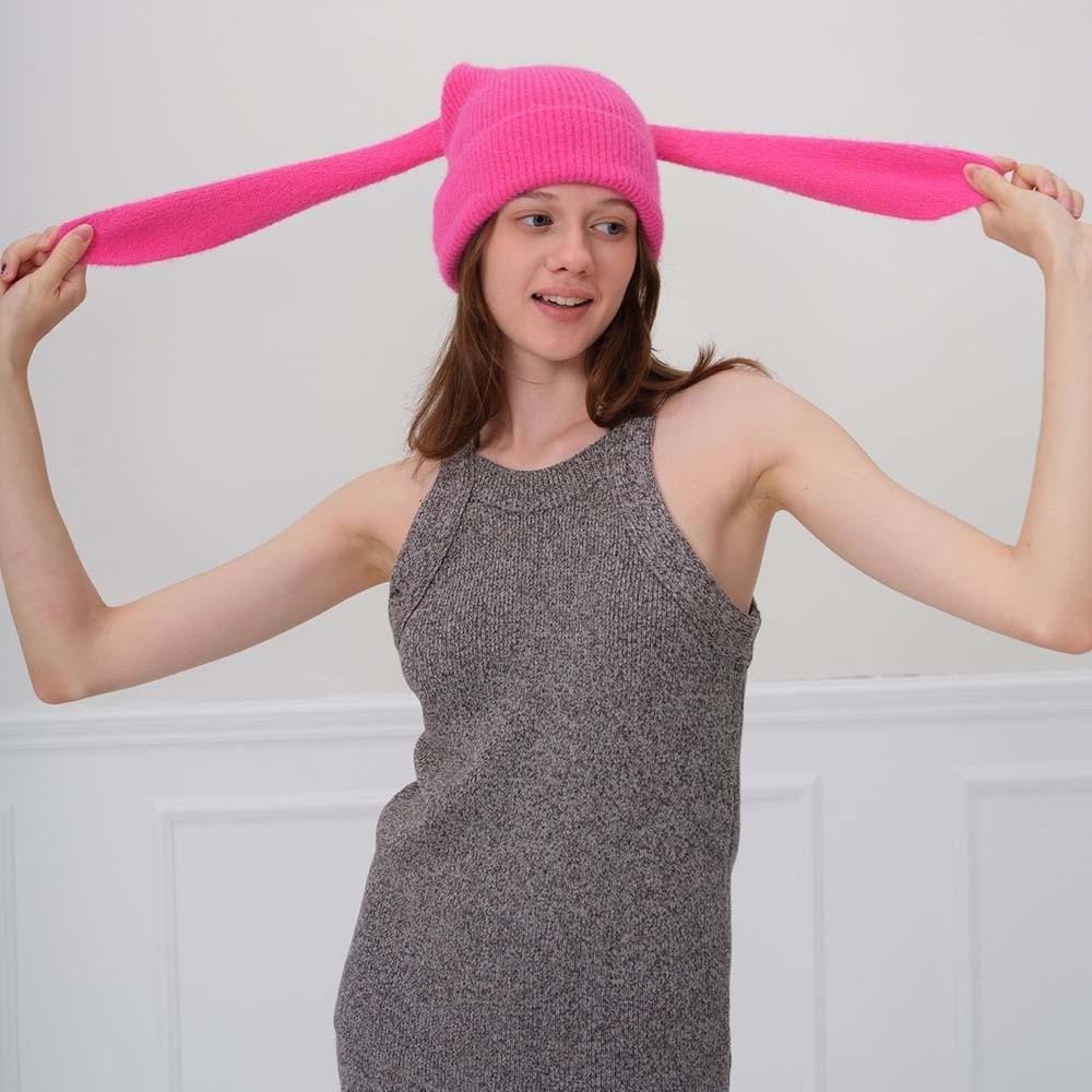 Korean Style Rabbit Ears Cap Trendy Brimless Beanie Hat Personality Bunny Pullover Cap Outdoor