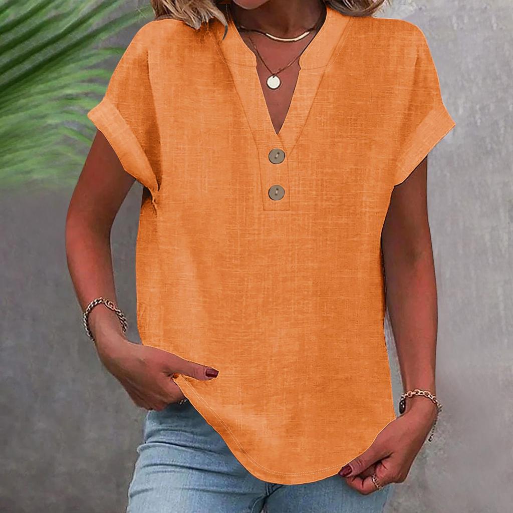Women's Fashion Casual Solid Colour V-Neck Short Sleeve Button Down Shirt T-Shirt Top