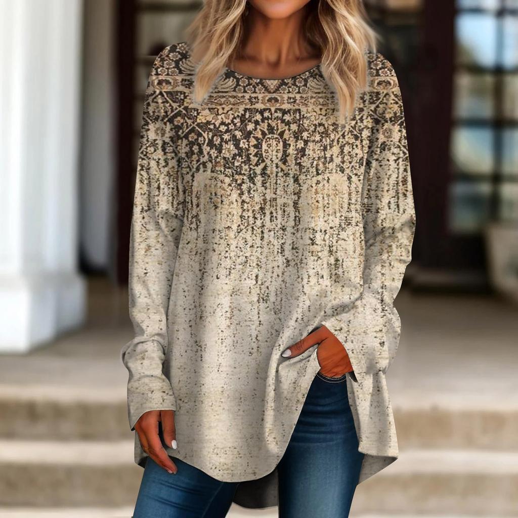 Женская повседневная футболка больших размеров с длинными рукавами и круглым вырезом в стиле ретро с принтом, верхний пуловер