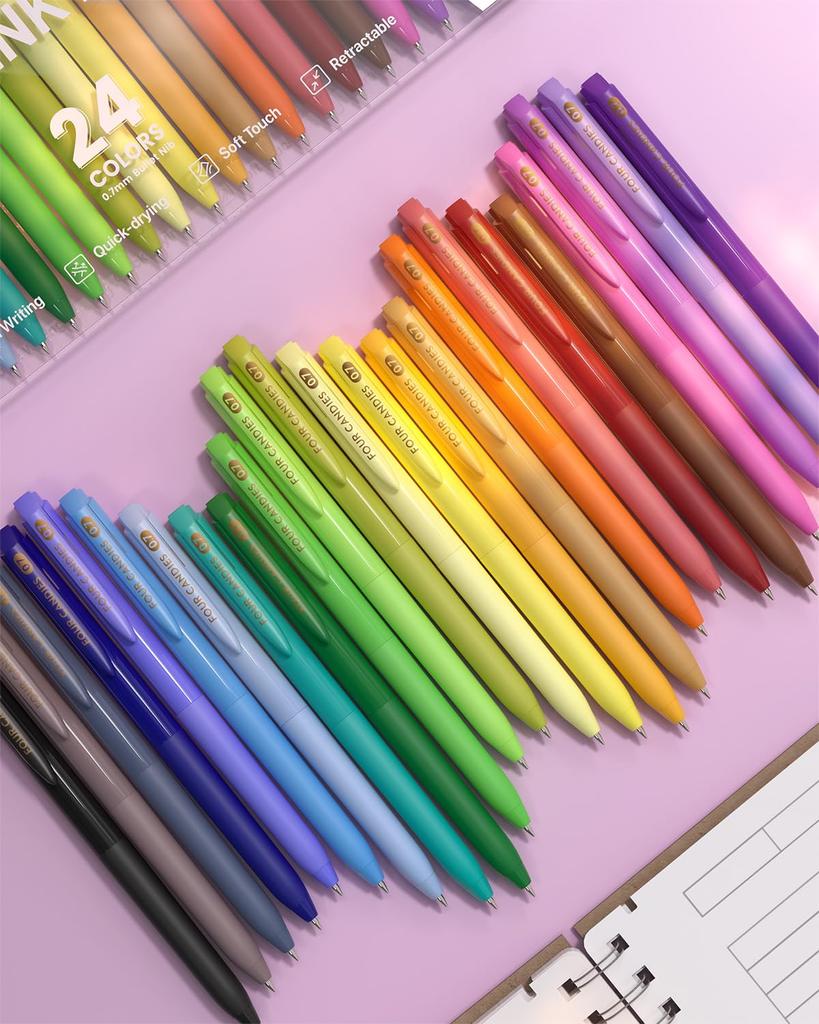 Four Candies Pastel Color Gel Ballpoint Knock Function Pens, 0.7mm, 24-Piece Set,