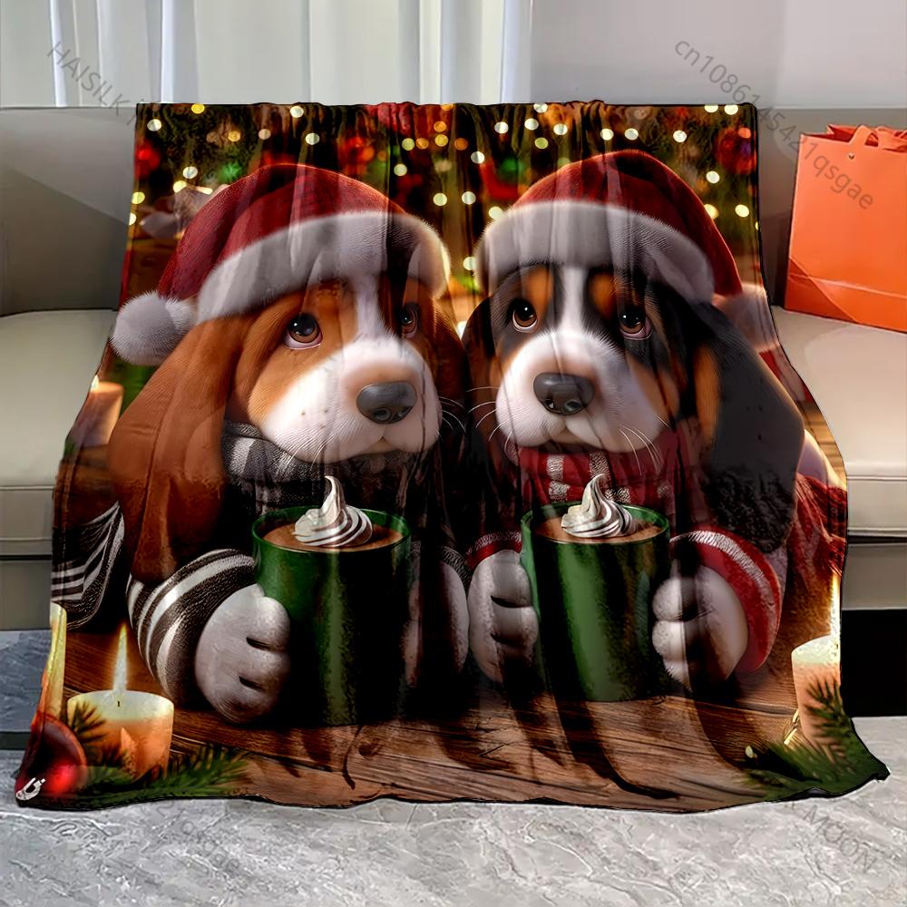 Christmas Theme Two Puppies Drinking Coffee Blanket Warm Soft Luxury Gift for Child Adults Suitable for Home Sofa Travel Camping