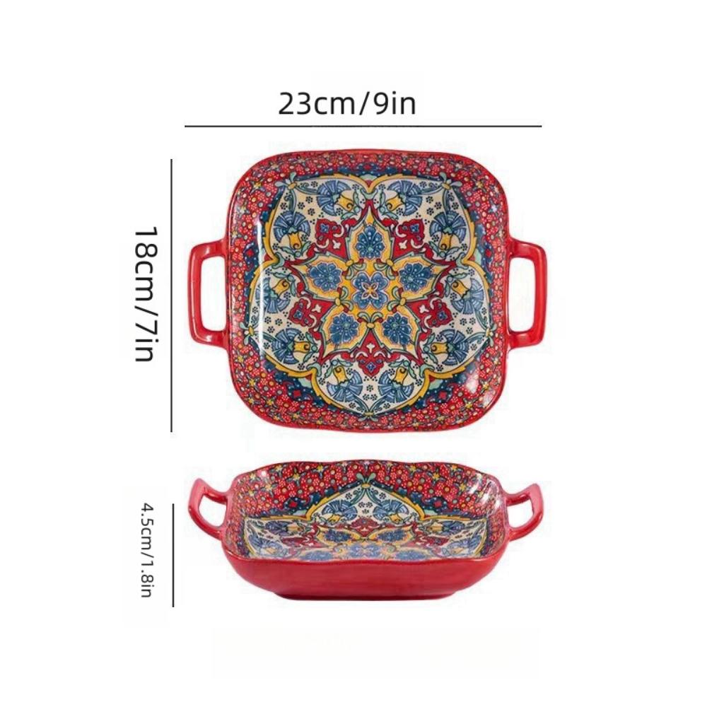 1 Piece of 9-inch Bohemian Style Salad Plate with Double Ear Ceramic Pasta Dish, Can Be Used for Oven, Microwave