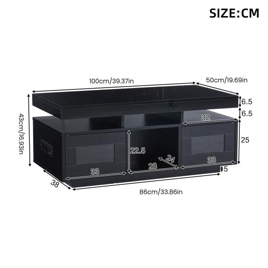 100x50x43cm Black High-Gloss Coffee Table, with LED Lights Controllable, Mobile App, Living Room Table with Cabinet, Sofa Table with Charging Port And