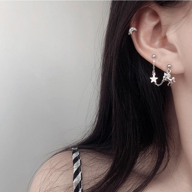Блестящие серьги-клипсы с бриллиантами, звездами и луной, простые, с трансграничной индивидуальностью, асимметричные мужские серьги, маленькие серьги-пусеты с бриллиантами в виде луны и звезд