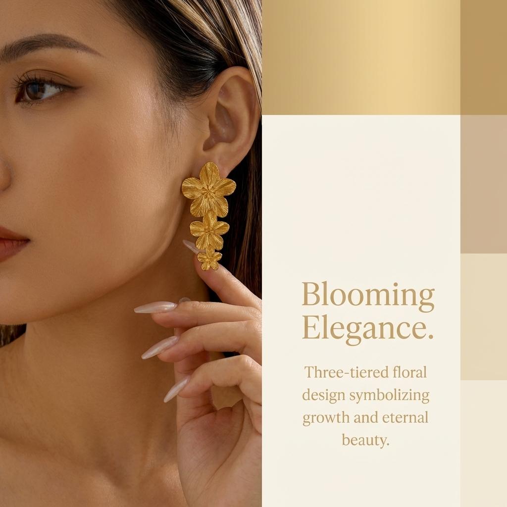 Elegant Triple Flower Drop Earrings for Women Gold Color Floral Dangle Statement Jewelry for Wedding Guest Bridesmaid Party