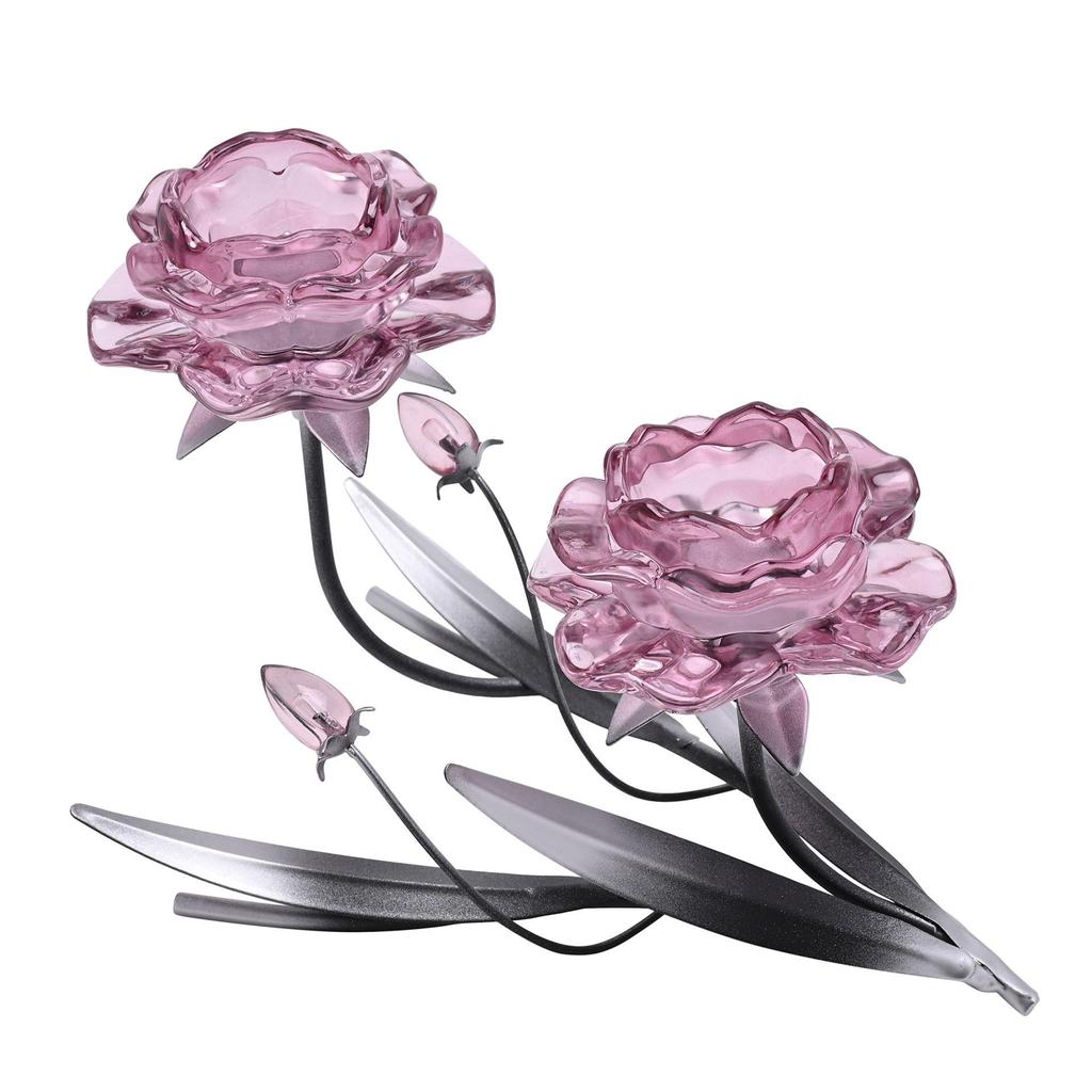 Hestia Pink Glass Rose 2 Stem Candle Holder With 2 Tone Black And Silver Base