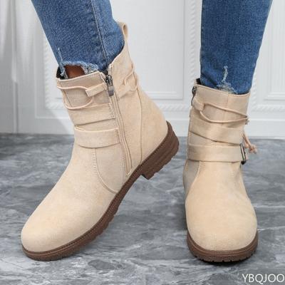 Осень Зима Новые Элегантные Простые Толстый Каблук Квадратный Носок Короткие Ботинки Модная Универсальная Обувь Повседневная Удобная Женская Обувь
