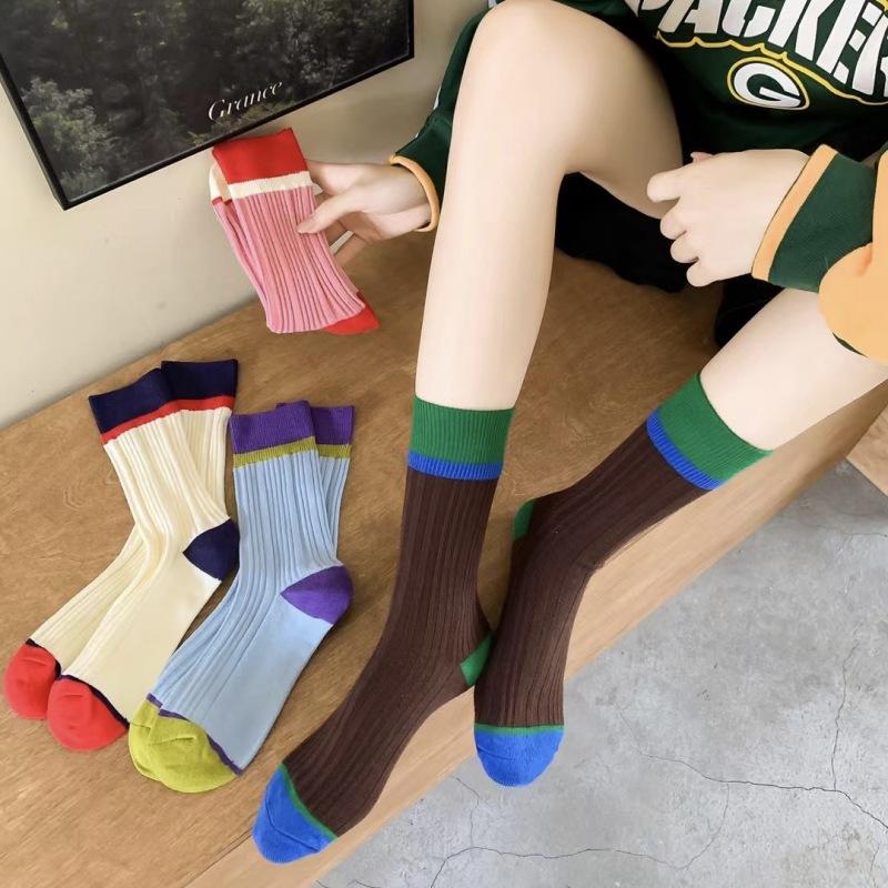 Light Luxury Color Matching Medium Tube Socks Trendy Modern Retro Stacking Socks Girl Pink Cotton Stockings