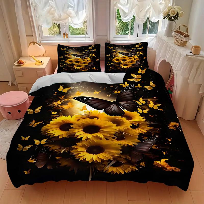 3pcs Black Butterfly is Flying Among Sunflowers Bedding Set, 1 Soft Quilt Cover + 2 Pillowcases, Machine Washable, Suitable for All Seasons
