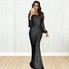 Women Prom Dress Tassel Sleeves Sheath Slim Fit V Neck Solid Color Sequin Fishtail Hem Evening Dress Cocktail Party Maxi Dress