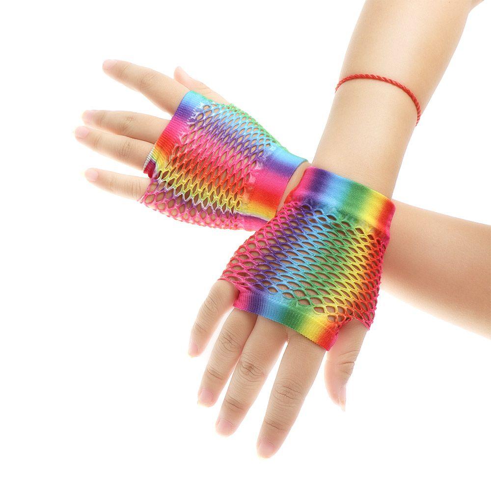 New Wedding Party Colorful Fingerless Mesh Net Disco Dance Hollow Out Holes Gloves Rainbow