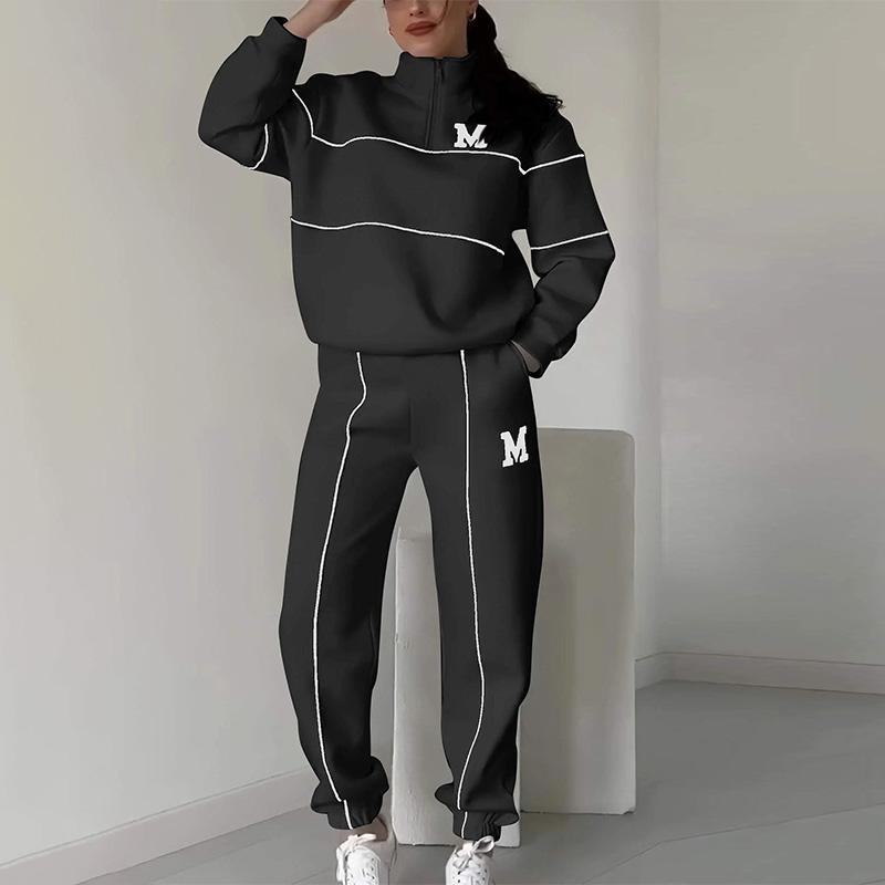 Женская толстовка с длинными рукавами и воротником-стойкой, повседневный спортивный костюм из двух предметов с буквенным принтом, свободный спортивный женский наряд на весну и осень