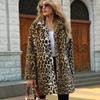 Women's Autumn and Winter New Leopard Print Suit Collar Medium and Long Imitation Fur Coat Top Women