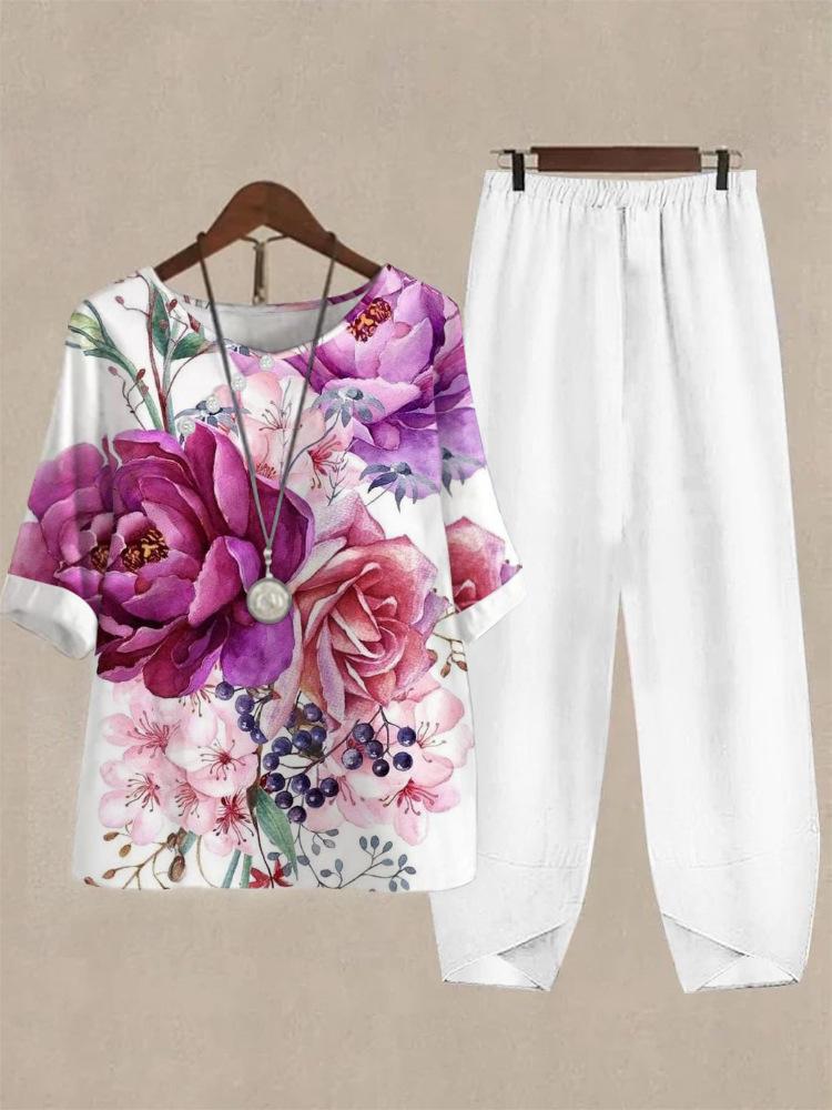 2025 foreign trade cross-border new women's clothing, casual round neck five-quarter sleeve top, digital printing women's two-piece set