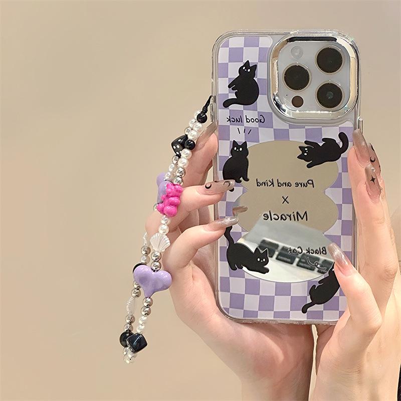 Zhitai Мультяшный силиконовый чехол для iPhone 15 Pro - Три в одном: зеркало, браслет 12, 14, 16 Pro Max.