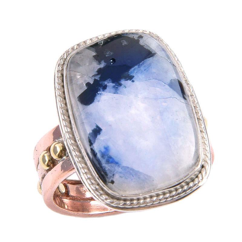 Кольцо из двухцветного серебра 925 пробы с натуральным радужным лунным камнем, размер 8 s8P16